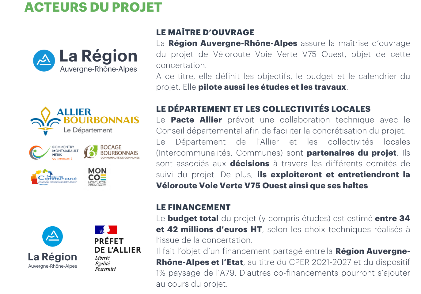 Liste des acteurs du projet, la Région Auvergne-Rhône-Alpes est maître d'ouvrage, le département et collectivités locales sont partenaires et futurs gestionnaires. Le budget est financé par la Région et l'Etat.