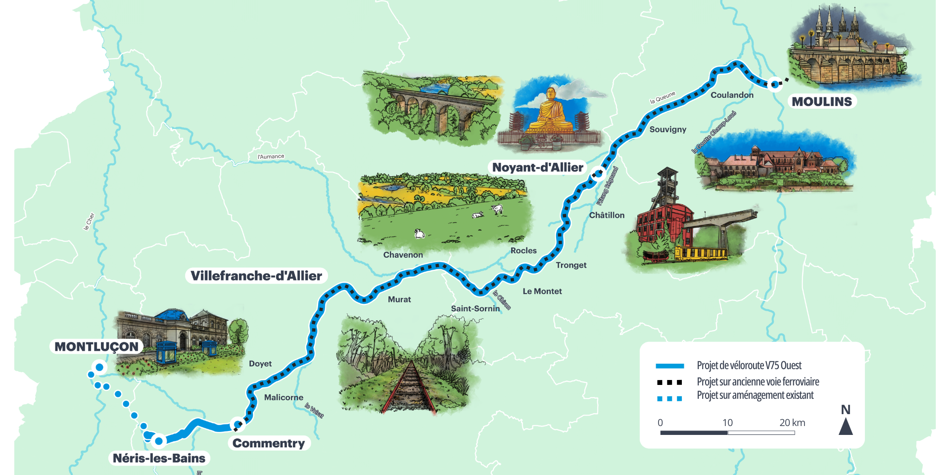Carte de la V75 Ouest et des sites touristiques traversés par cette dernière. 